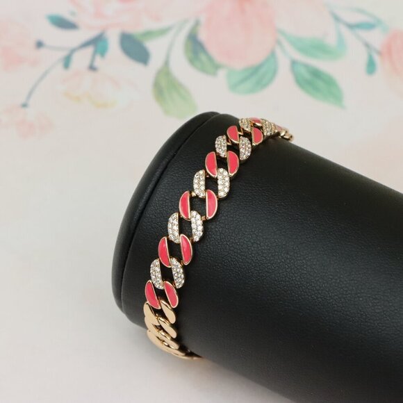 Rose Gold Bracelet with Red Enamel and Crystal Pave Links, XPBL0728 - Picture 10 of 12